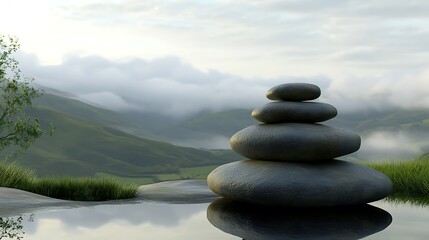 A stack of smooth, polished stones arranged harmoniously, set against a natural landscape of rolling hills and soft clouds, radiating a peaceful energy