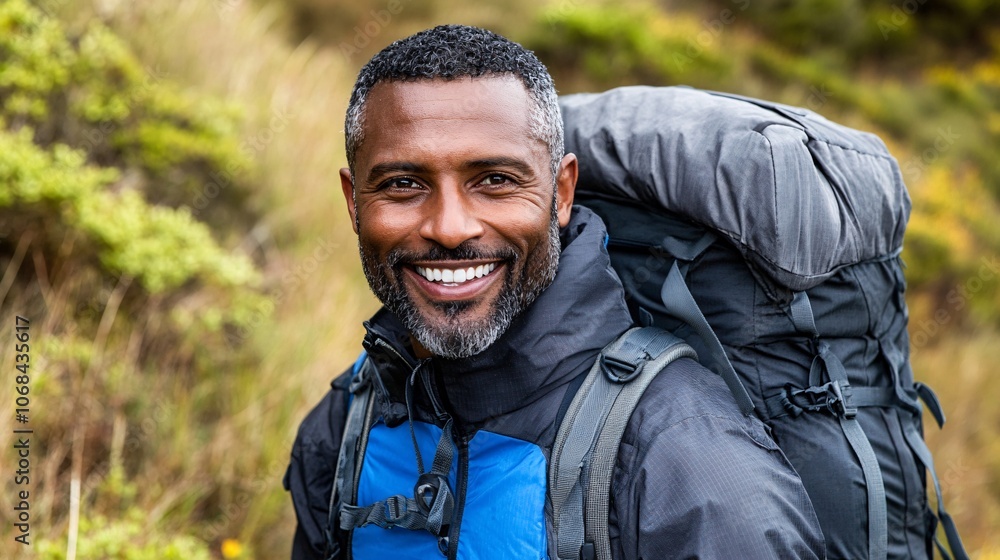 Poster Couple on a scenic hike laughing and enjoying each other's company symbolizing adventure and connection with side empty space for text, Stockphoto style