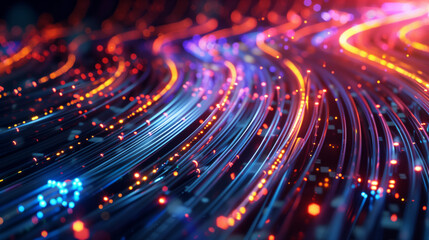 A vibrant, abstract digital image of colorful light trails symbolizing data flow, high-speed internet, and futuristic technology. Data cloud future technology internet concept.