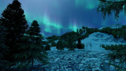 Enchanting Northern Lights Illuminating a Vast, Snow-Capped Mountain Landscape