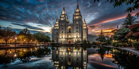 Obraz premium Stunning Low Light Photography of a Majestic Temple at Dusk, Featuring Illuminated Architecture and Reflective Waters of the Salt Lake Area in a Serene Evening Atmosphere