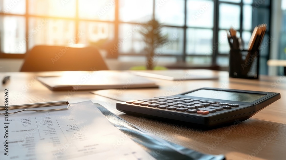Poster close up calculator display showing financial analysis in modern office setting
