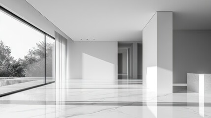 Fototapeta premium Bright, empty white room highlighted by large windows, minimalist interiors, and a sleek marble floor. This contemporary interior composition emphasizes natural light in a house photo concept.