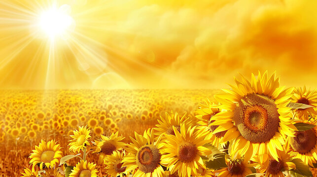 A field of sunflowers, with a bright yellow background.