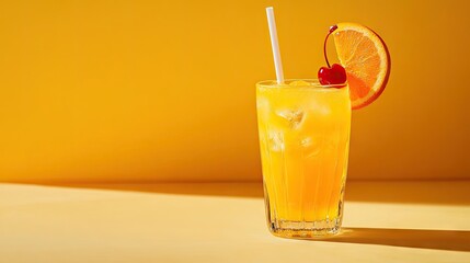 Vibrant orange cocktail garnished with a cherry and orange slice, presented in a tall glass with a straw, perfect for refreshing summer vibes. Ideal for cocktail-themed visuals, with ample copy space.