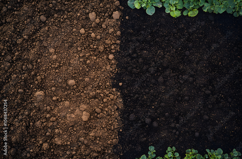 Wall mural fertile soil texture background seen from above, top view. gardening or planting concept with copy s