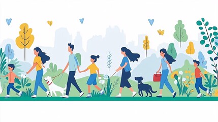 Fototapeta premium Family members taking a walk with their dog on a nature trail capturing a sense of outdoor fun and togetherness with side empty space for text, Stockphoto style