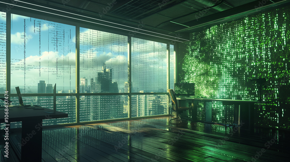 Poster software codes augmented reality display in futuristic modern office tech environment, cyber tech ba
