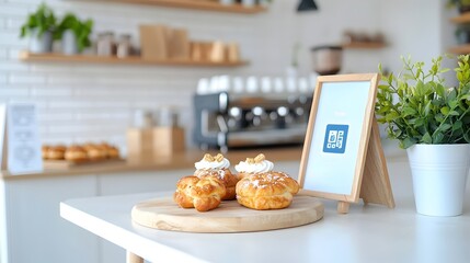 Warm and welcoming shot of a minimalist coffee shop interior featuring an Asian barista a QR code sign and an array of delicious baked goods and pastries displayed on the wooden counter