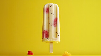 Vanilla popsicle with a fruity twist against a vibrant yellow background. This ice cream mockup embodies the essence of summer and sun, perfect for showcasing sweet ice cream delights.