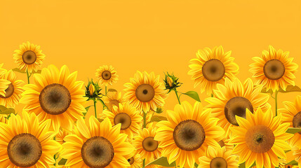 Fototapeta premium A seamless pattern of sunflowers on a yellow background. The sunflowers are in different stages of bloom, from buds to full-blown flowers.