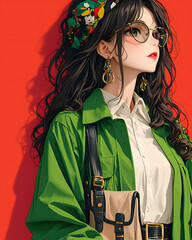 Fototapeta premium Anime Girl in Green Jacket and Glasses - Digital Art Illustration
