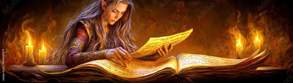 Poster enchanted elf in a mystical library setting