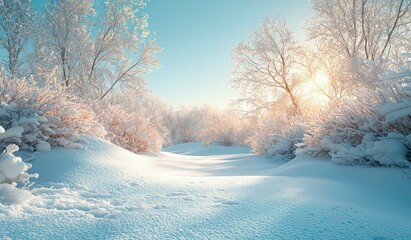 Winter background with snow and frost, blue sky, nature backdrop for design. Winter landscape with snowdrifts and branches in the air. 
