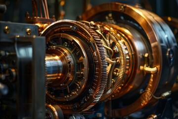 Close up view of gears in an industrial machine, showcasing the beauty and complexity of engineering