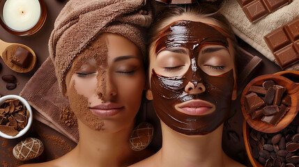 Two young women are lying down with their eyes closed and chocolate face masks on. They are both wearing brown towels around their heads.