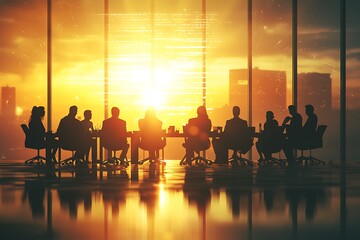 A business meeting silhouette against a stunning sunset, highlighting collaboration and decision-making in a modern office environment.