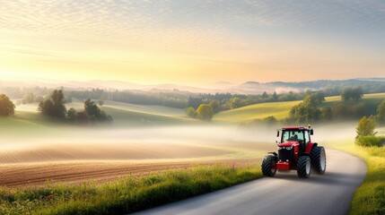 A vibrant red tractor navigates a countryside road under a bright sun and ethereal fog, surrounded by lush fields and forests