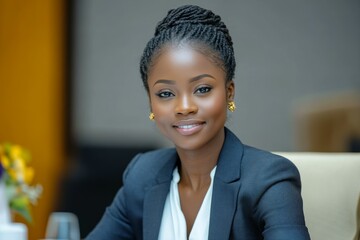 Professional Elegance: A Confident Businesswoman Radiating Success in a Modern Business Environment