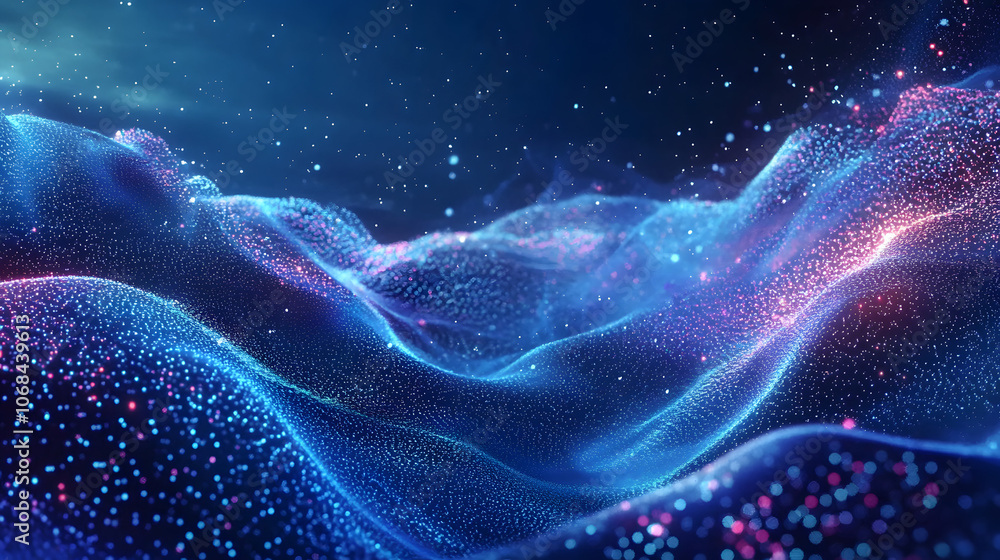 Poster abstract digital wave with glowing particles, creating a futuristic and dynamic visual effect in a d