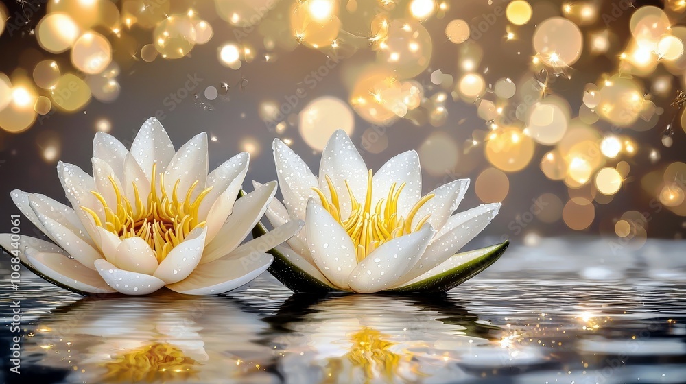 Poster luminous lilies floating on water with sparkling bokeh
