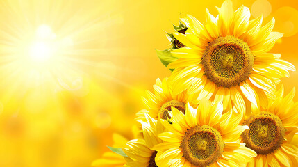 Fototapeta premium Bright yellow sunflowers in full bloom against a blurred background of a field of sunflowers.