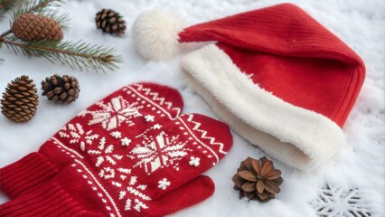 Red Christmas mittens with Santa hat and pinecones on snow