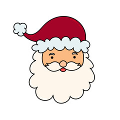 Hand Draw Santa Claus Head icon with red hat and white beard. Cheerful Santa Claus cartoon head sticker