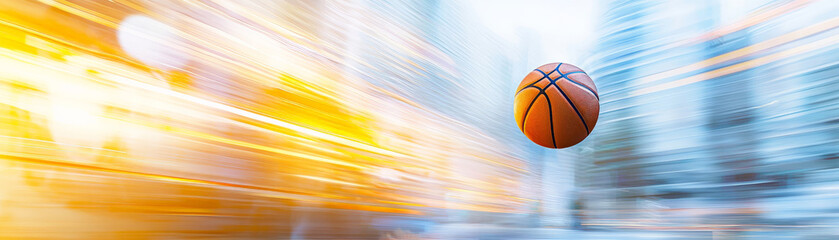 Obraz premium basketball in motion with dynamic diagonal lines of color and light, creating sense of speed and energy in urban environment