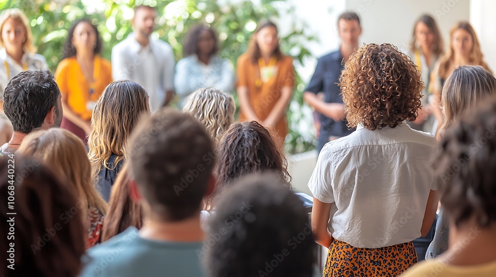 Poster a diverse group of people engaged in a discussion, with a focus on a speaker in front, surrounded by