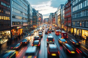 Vibrant City Life: A Captivating Evening Scene of Busy Streets and Flowing Traffic Amidst Urban Architecture