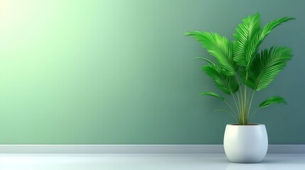  Planta verde en una maceta blanca sobre un fondo de pared verde suave, creando una atmósfera fresca y natural. Ideal para temas de decoración de interiores y naturaleza.

