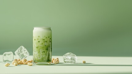 Refreshing matcha bubble tea with ice cubes and green background