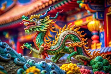Fototapeta premium Stunning Tilt-Shift Photography of a Vibrant Chinese Dragon Against Traditional Background in HD Quality, Perfect for Cultural Celebrations and Artistic Displays