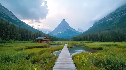 Papier peint photo  Explore the majestic beauty of nature by walking along the serene pathway to the mountains  © NadenDesign