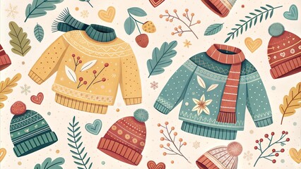 Cozy autumn sweaters and hats pattern with leaves