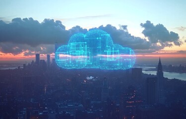 Fototapeta premium A futuristic cityscape with clouds of data flowing across digital connections