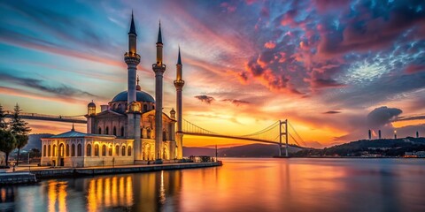 Naklejka premium Stunning View of Ortakoy Mosque and Bosphorus Bridge at Sunset in Istanbul, Turkey, Capturing the Elegant Architecture and Serene Waters in a Beautiful Cityscape Scene