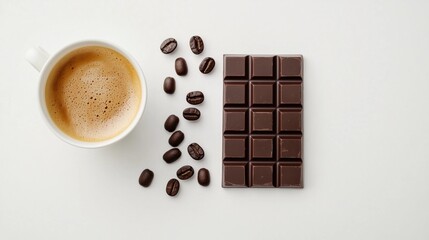 Coffee cup and chocolate bar with coffee beans on white background