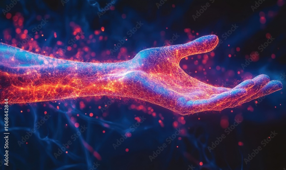 Poster close-up of an arm showcasing futuristic technology with glowing digital patterns symbolizing innova