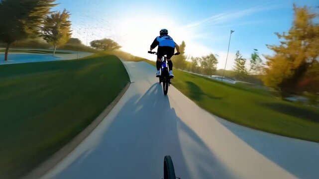 Cyclist speeds ride around modern pump track pov, dynamic movement. Dangerous curves of cycling track, adrenaline, skill. Thrill of biking. Active sport outdoor, adventure and fun. First point of view