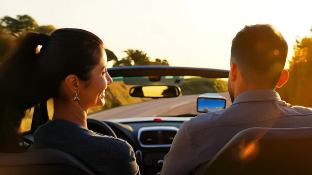 Couple enjoy scenic drive in convertible car, golden sunset. Open road trip adventure. Freedom, travel wanderlust. Vacation journey out of town. Cabriolet auto.