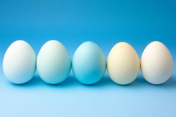  Huevos en tonos pastel alineados sobre un fondo azul, creando una composición delicada.
