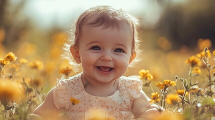 A cheerful baby with a big smile sits among colorful wildflowers, enjoying a sunny day in a lush, open field filled with natural beauty and warmth