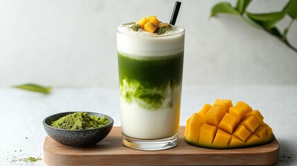 Refreshing matcha mango latte with fresh fruit garnish and powdered matcha on wooden board