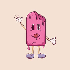 Ice cream mascot personage. Popsicle in retro groovy style. Cheerful summer delicacy. Poster, flyer, party, logo concept. Vector illustration.