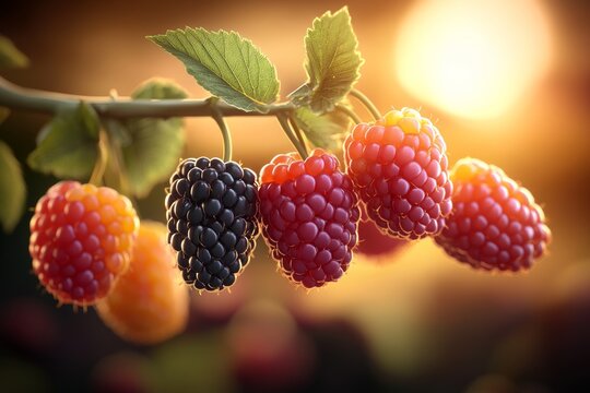  Frutos de mora y frambuesa maduros colgando de una rama, iluminados por la c&aacute;lida luz del atardecer. Representaci&oacute;n natural y fresca de frutas de verano.
