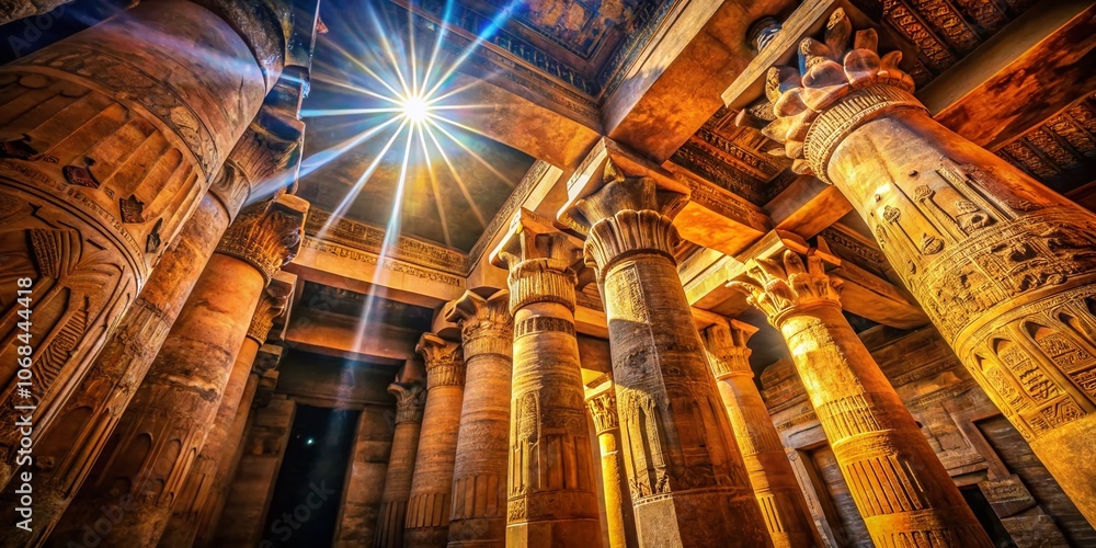 Poster sunlight filtering through ancient temple roof, highlighting intricate hieroglyphics and majestic co