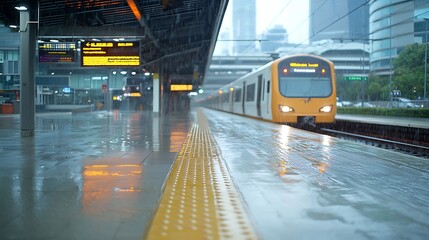 Train arrives at a busy urban station amidst heavy rainfall showcasing modern transport infrastructure