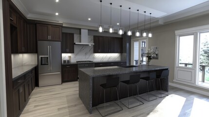 Modern Kitchen Interior with Dark Cabinets and Island Counter
